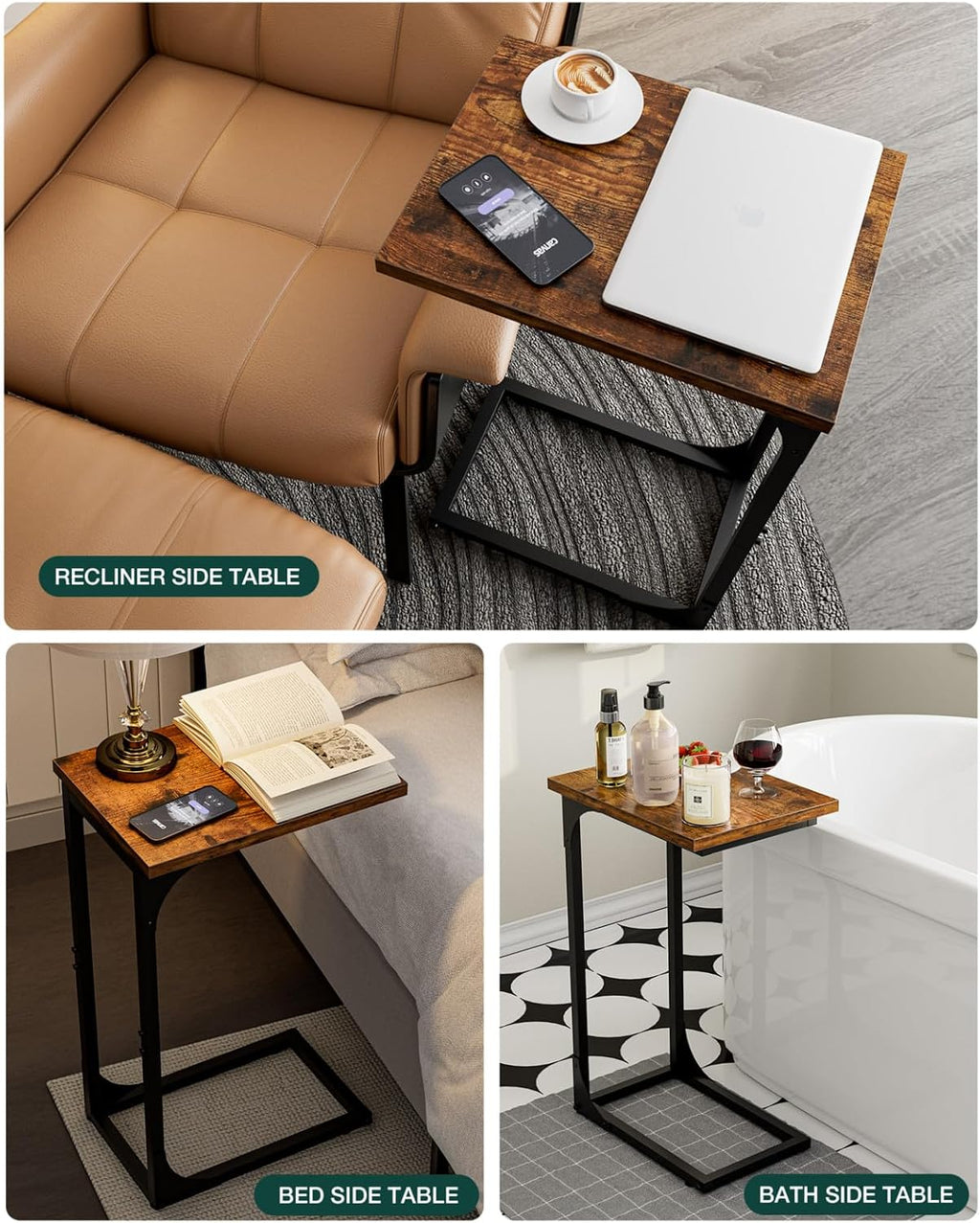 C-Shaped Side Table for Couch - Small Coffee Stand Sofa Tray Desk with Metal Frame and Waterproof Scratch Resistant, Modern End Accent for Living Room, Bedroom, Small Spaces, Rustic Brown - Image 7