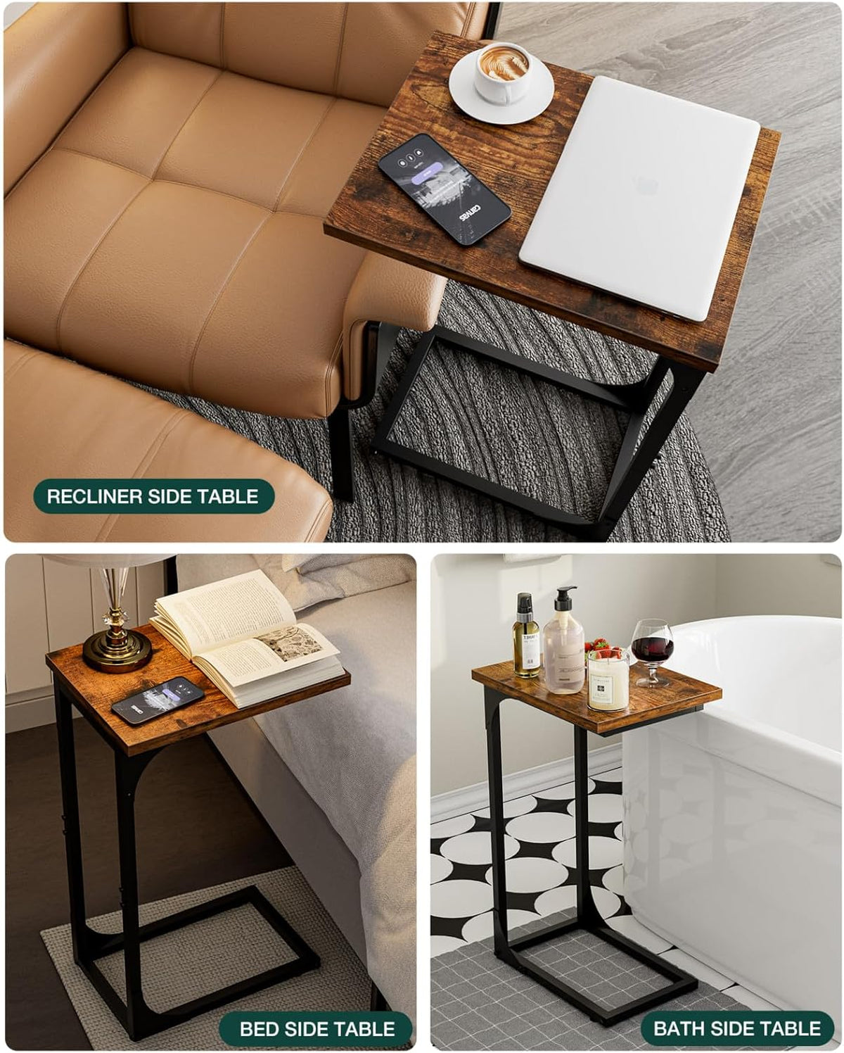 C-Shaped Side Table for Couch - Small Coffee Stand Sofa Tray Desk with Metal Frame and Waterproof Scratch Resistant, Modern End Accent for Living Room, Bedroom, Small Spaces, Rustic Brown - Image 7