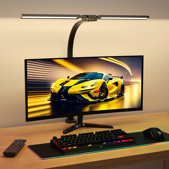 Upgraded Desk Lamp for Home Office - Dimmable Computer Desk Light with Remote, Modern Architect Task Lamp with Color Changing, Flexible Desktop Lamp with Gooseneck for Monitor, Double Head by SIBRILLE
