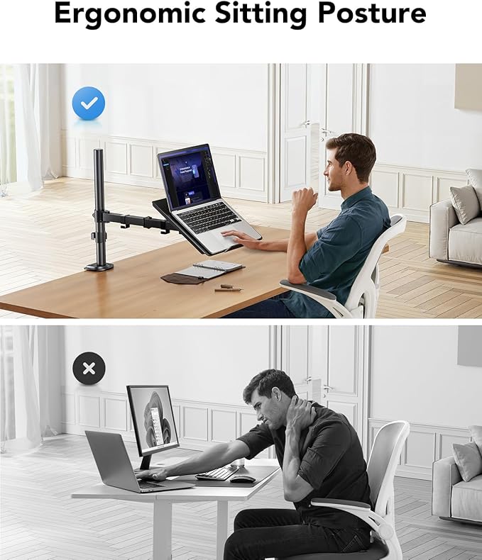 HUANUO Laptop Desk Mount - 17' to 32' Monitor Arm, Ventilated Tray, Fully Adjustable with Tilt, Swivel & Rotation, Holds up to 22 lbs - Image 4