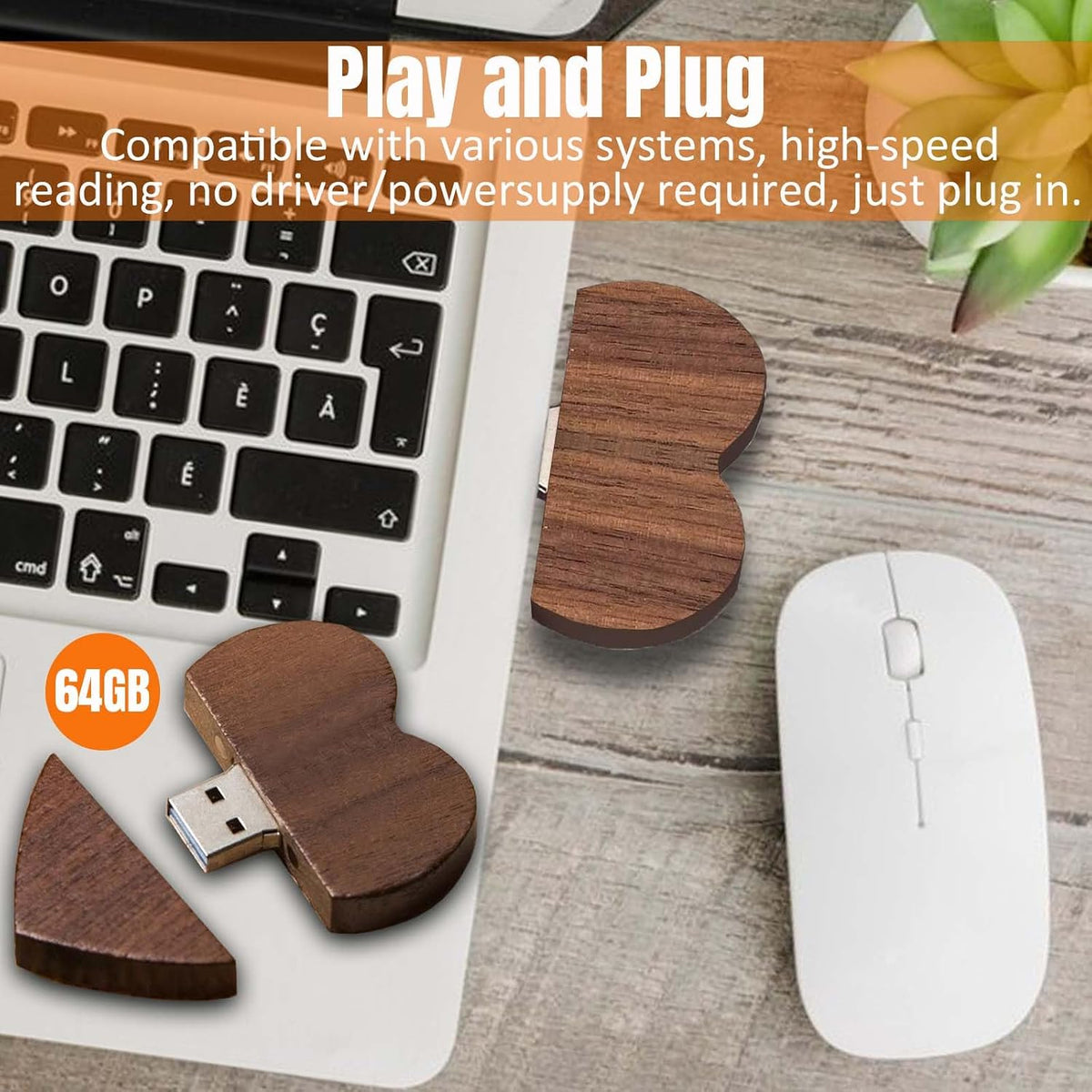 Heart Shaped Wood USB Flash Drive 64GB USB3.0 with Gift Box, FEWINA Wooden USB Drive 64GB 3.0 Super-Speed JumpDrive Wooden Box Ideal Gift for Birthday/Anniversary/Wedding (Walnut) - Image 3