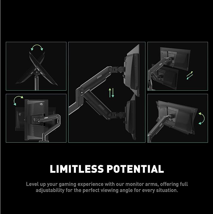 MSI MAG MT201 - Premium Heavy Duty Single Monitor Stand Arm, Supports 17-49" Screens and 44 lbs, VESA Compatible, Adjustable Spring Assisted Mount, Clamp & Grommet, Quick Release Plate - Black - Image 7