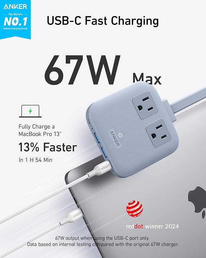 Anker Travel Power Strip, Anker Nano 67W Max 6-in-1 USB C Charger, 2 USB C | 2 AC, 2 USB A, 5ft Thin Undetachable Flat Plug Extension Cord with Multiple Outlets, Travel Essentials, Cruise Essentials - Image 2