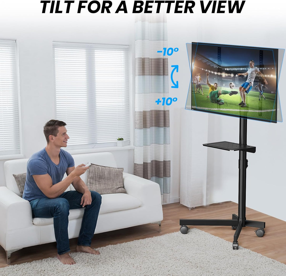 Mobile TV Cart for 23-60 Inch LCD LED OLED Flat Curved Screen TVs - Height Adjustable Rolling Floor Stand with Shelf and Locking Wheels - Up to 88lbs, Max VESA 400x400mm, Black - Image 6