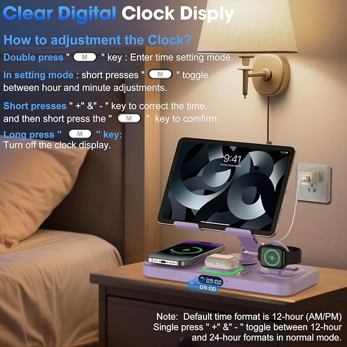 6 in 1 Wireless Charger for Apple Multiple Devices, Charging Station with Clock &7 Color Ambient Light, Foldable Rotate Stand for iPad, for iPhone17/16/15, Support for Apple Watch11/10 for AirPods4 - Image 5