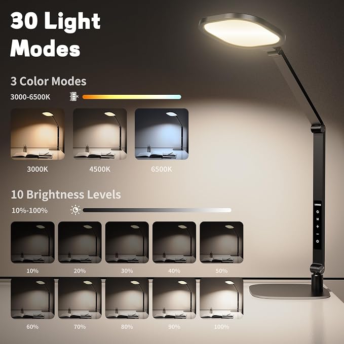 LED Desk Lamp for Home Office, Soft Edge-lit Design - Modern Style | Eye-Caring Diffused Light, Professional Computer Light for Reading, Crafts & Zoom, Dimmable with 30 Modes, Memory & Timer - Image 3