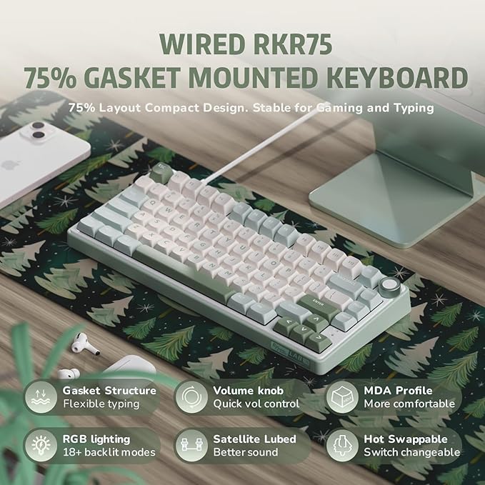RK ROYAL KLUDGE R75 Mechanical Keyboard Wired with Volume Knob, 75% Keyboard Gasket Mounted, RGB Backlit, Creamy Keyboard with MDA Profile, PBT Keycaps, Hot Swappable Pre-lubed Tactile Switch - Image 2