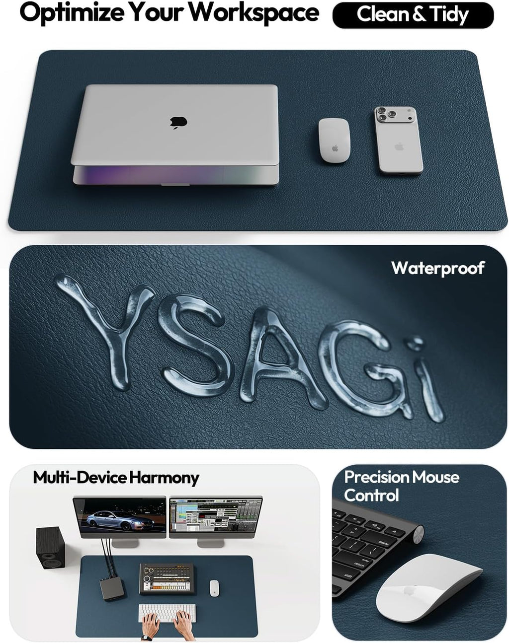 YSAGi Leather Desk Protector, Office Mat, Large Mouse Mat, Non-Slip PU Leather Blotter, Laptop Pad, Waterproof Writing Pad for Office and Home (Dark Blue, 35.4" x 17") - Image 8