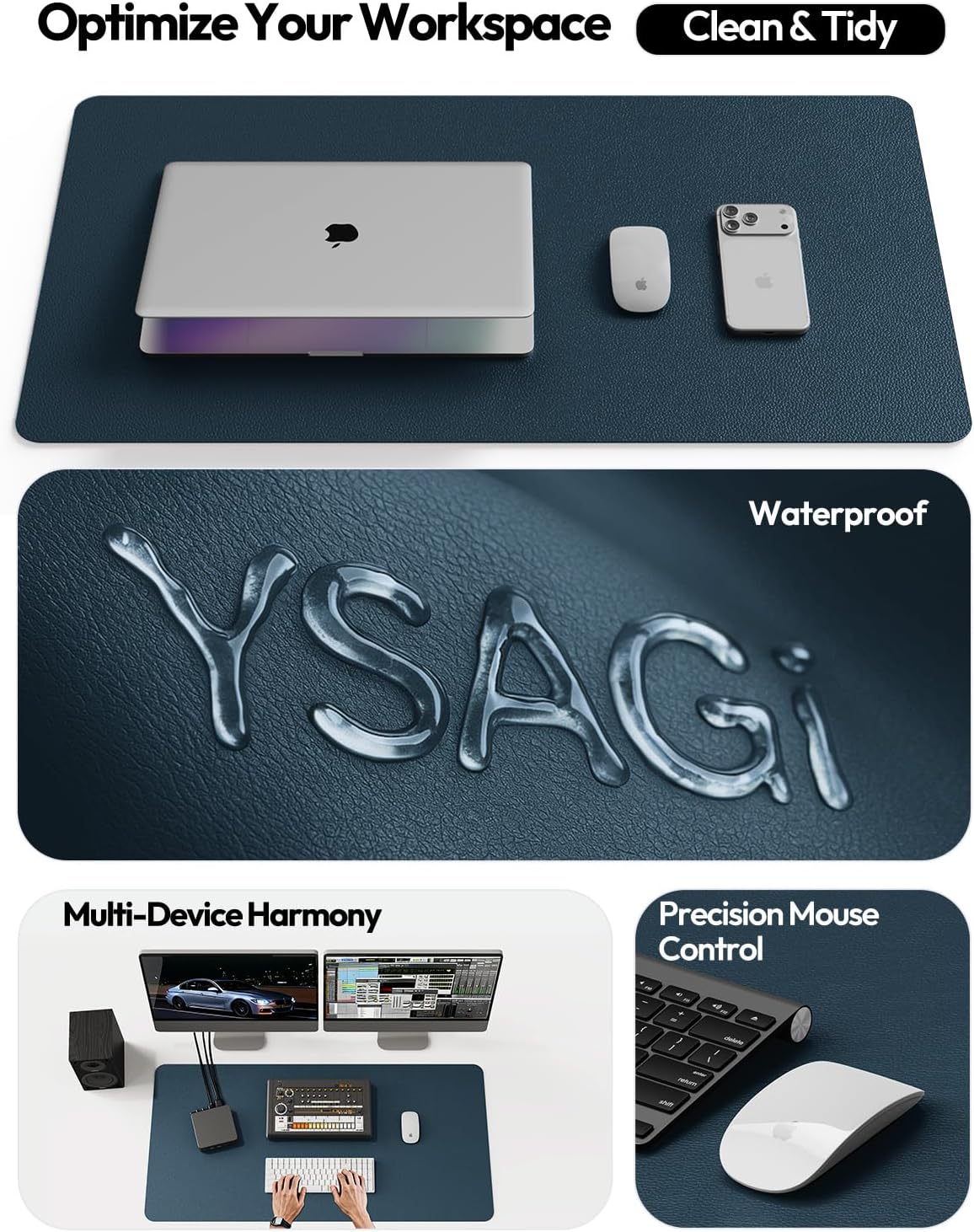YSAGi Leather Desk Protector, Office Mat, Large Mouse Mat, Non-Slip PU Leather Blotter, Laptop Pad, Waterproof Writing Pad for Office and Home (Dark Blue, 35.4" x 17") - Image 8