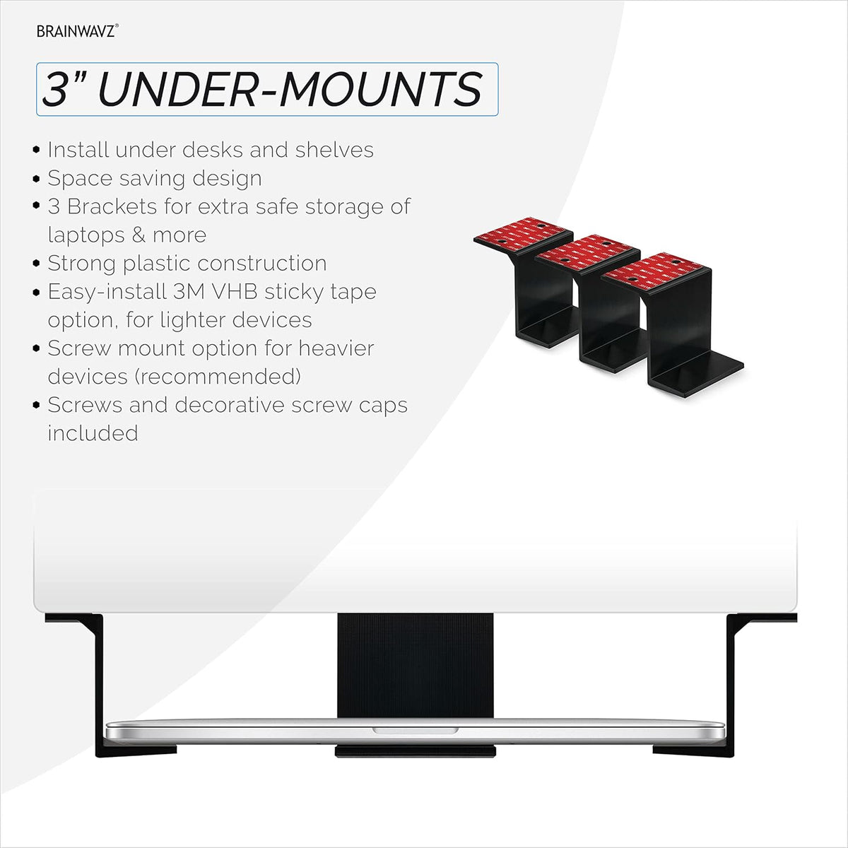 BRAINWAVZ 3” Under Desk Laptop & Device Holder Mount, Adhesive & Screw in, Devices Upto 3" - Small Computers Laptops MacBook Surface Keyboard Routers Modems Cable Box Network Switch & More (Black) - Image 3
