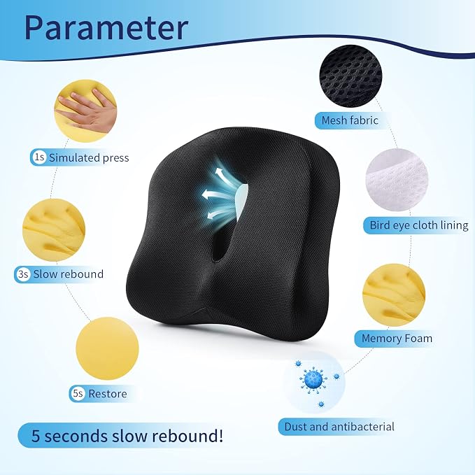 Memory Foam Seat Chair Cushion for Relieves Back Sciatica Pain Tailbone Pain Coccyx Degenerating Disc Orthopedic Osteoarthritis Prostate Cushion Low Back Pain Cushion Hip Shaping (Black mesh) - Image 3