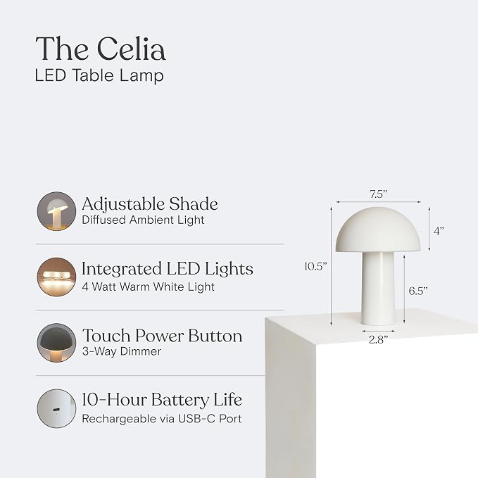 Brightech Celia Table Lamp – 10" Touch-Controlled Mushroom Small Lamp, Cordless & Dimmable LED, Portable Bedside Night Light, Sustainable Mood Light, Recycled Modern Patio Lamp for Home Décor – Cream - Image 3