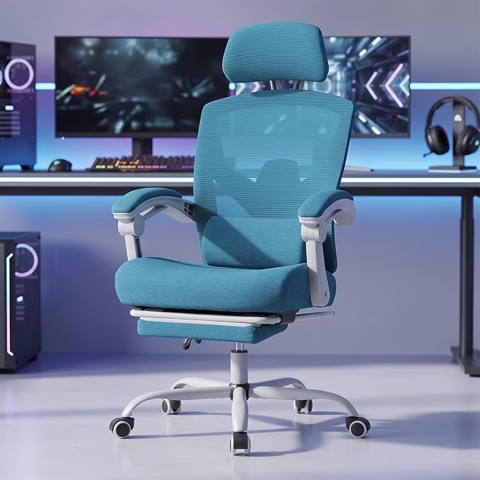 DUMOS Home Office Desk Chair with Footrest, High-Back Mesh Rolling Swivel Reclining Chairs with Wheels, Comfortable Headrest, Lumbar Support, Comfy Arms for Home, Office, Gaming, Student, Elegant Blue | High-Back Mesh, Rolling Swivel Wheels, Comfortabl... by DumosLifestyle