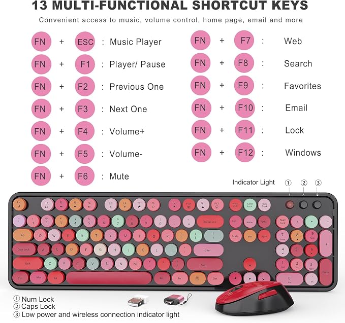 Wireless Keyboard and Mouse Combo, Ergonomic Full Size Typewriter Retro Round Keycaps Keyboard, Compatible with Windows, PC, Perfer for Home and Office Keyboards (Red - Image 4
