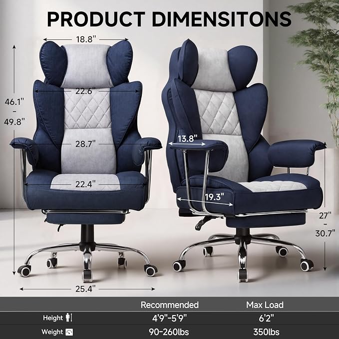 GTPLAYER Gaming Chair,Office Chair with Pocket Spring Lumbar Support, Ergonomic Comfortable Wide Office Desk Computer Chair with Outward Fixed Soft Armrests and Footrest (Fabric, Dark Blue & White) - Image 3