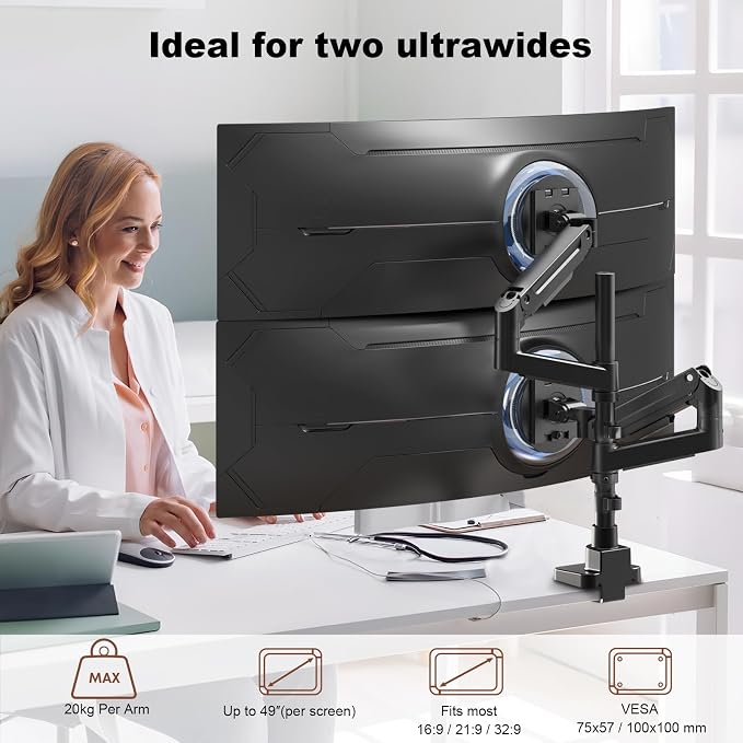 Dual Monitor-Arm Heavy-Duty for 17-49-inch Screens - Premium Vertical Stacked Dual Monitor Arm Desk Mount for Ultrawide Screens up to 44lbs, Fully Adjustability, VESA 75/100 mm, Black - Image 2