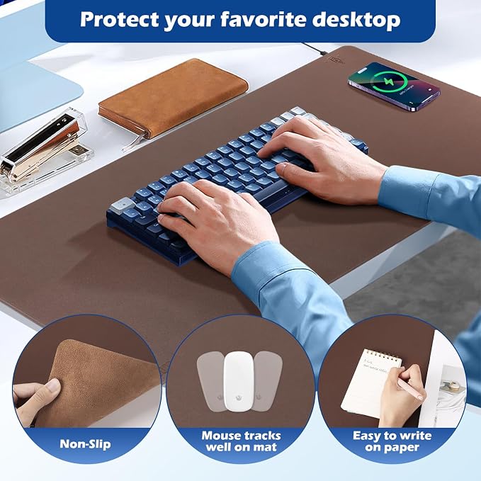 Wireless Charging Desk Mat, Mouse Pad, Brown-R, 36x17 inch - Image 5