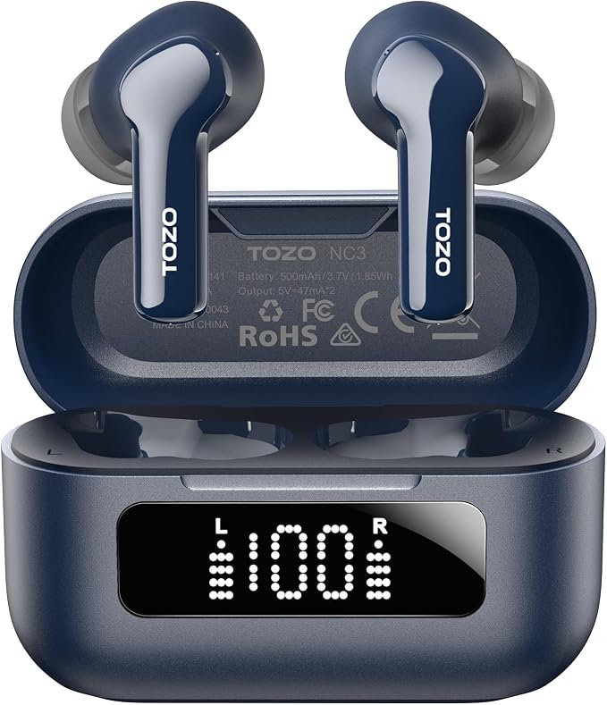 TOZO Hybrid Active Noise Cancelling in Ear Wireless Earbuds, 68H Playtime | 6 Mics AI Clear Calls, LED Display, 32 Preset EQs App, Bluetooth 5.3 Headphones, IPX8 Waterproof, Comfort Fit Ear Buds Blue by TOZO