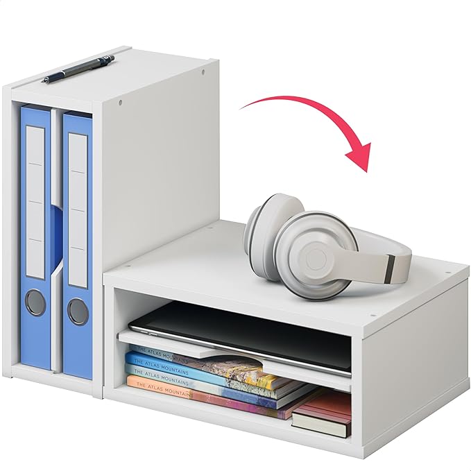Ballucci File Organizer, 2-Tier Document Paper Sorter, Stackable Wood Desk Organizer Mail Holder, Monitor Stand with Storage Shelves, White - Image 5