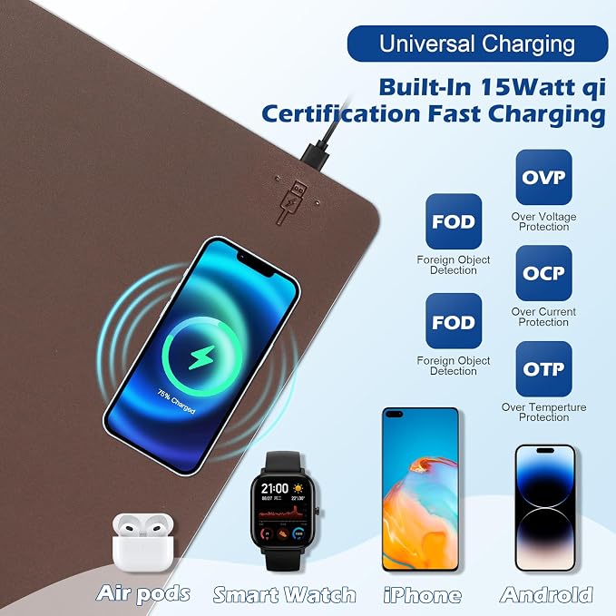 Wireless Charging Desk Mat, Mouse Pad, Brown-R, 32 * 16inch - Image 4