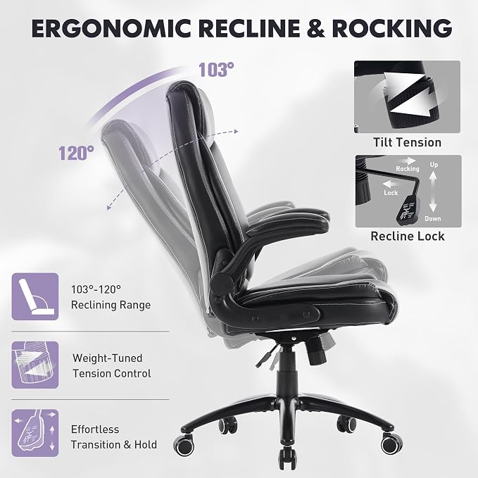 MALOL 300lbs Office Chair with Flip-Up Armrests & Reclining Backrest, Ergonomic PU Leather Executive Desk Chair-Adjustable Height & Tilt Tension, Black - Image 8