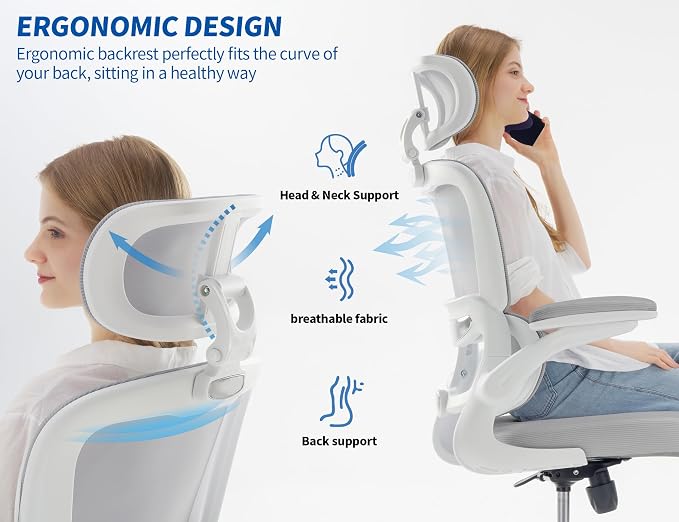 TRALT Office Chair Ergonomic Desk Chair - Gaming Chair with Lumbar Support | 330 LBS Home Office Desk Chairs with Headrest, Reading Chair with Flip-up Armrests, Comfortable Computer Chairs (1, Grey PU) - Image 3
