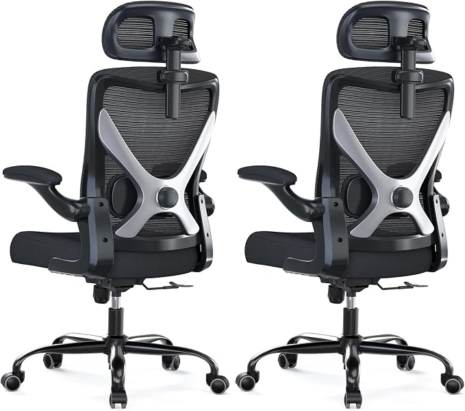 Ergonomic Office Chair: Mesh Desk Chair Comfy with Headrest& Lumbar Support | Ergalithic Big and Tall Office Chairs with Wheels & Flip-Up Arms-Computer Gaming Chairs for Adults (Black-Pack of 2) by Ergalithic