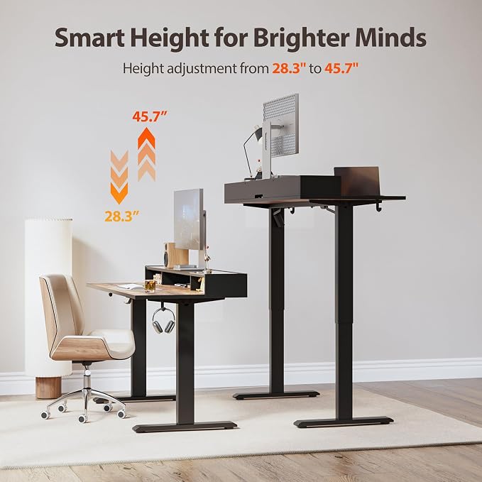 Agilestic 48*24 Inch Electric Standing Desk with Glass Shelf, Rustic Brown | Electric Height Adjustable, 2 Storage Drawer, Monitor Stand, Sturdy Steel Frame, Memory Presets, Hooks, 154 lbs, Splice Board - Image 8