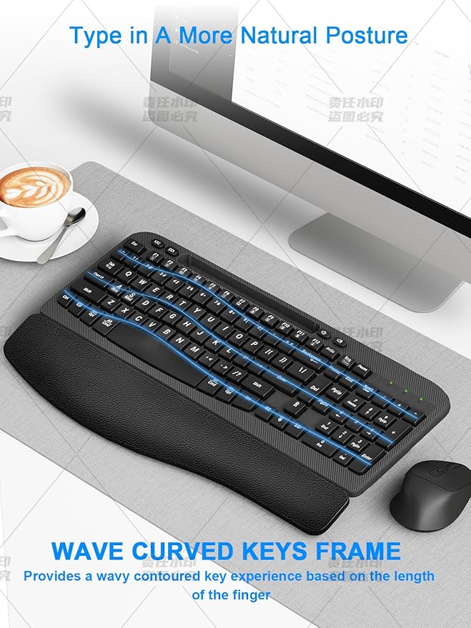 Hayyiesh Ergonomic Wave Keys Wireless Keyboard and Mouse Combo, Full Size with Memory Foam Wrist Rest & Phone Holder, 2.4G Cordless Set with USB-C Adapter for Windows Mac Desktop Laptop (Black) - Image 7