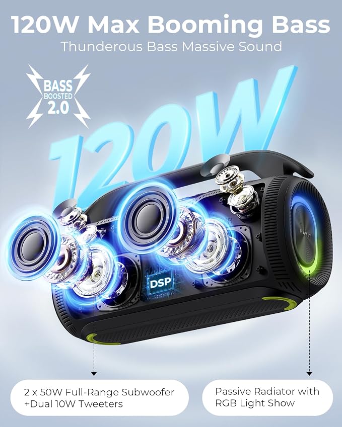 havit Outdoor Bluetooth Speaker, 120W Peak Loud Speakers with Deep Bass, Portable Wireless Speaker IPX6 Waterproof, RGB Light, 12H Playtime, TWS Stereo, EQ, for Party, Beach, Camping, Backyard, Garage - Image 2