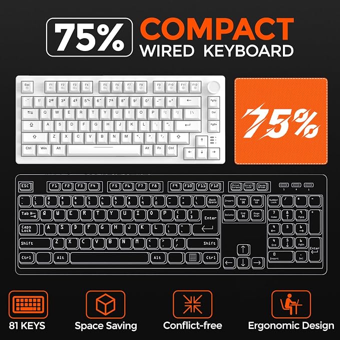 DAREU EK75 Wired Mechanical Keyboard,75% Keyboard with Volume Knob,Gasket Mount Mechanical Gaming Keyboards,81 Keys Rainbow Sidelit,PBT Keycaps,Linear Dream Switch for PC Laptop - White - Image 2