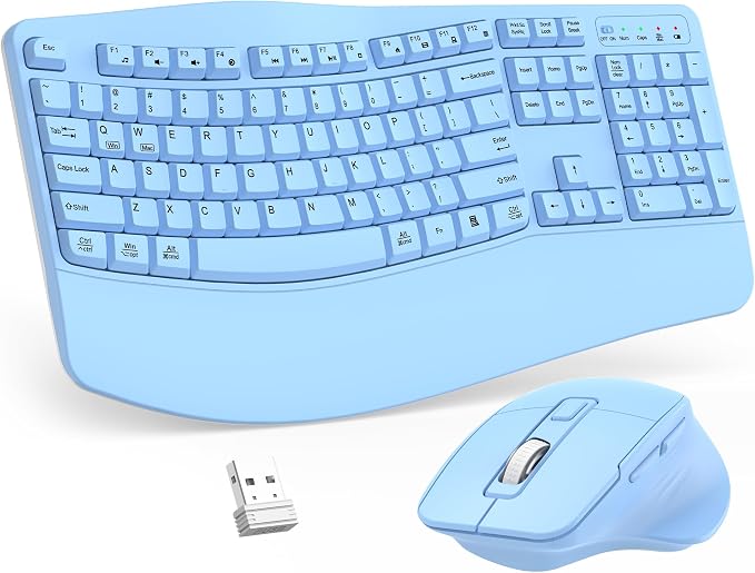 Wireless Keyboard and Mouse Combo, 2.4G Ergonomic Wave Keys(Sky Blue) | Full Size Wave Keyboard with Wrist Rest, 3-Level DPI Adjustable Ergonomic Mouse for Windows and Mac OS Desktop/Laptop/PC by Unknown