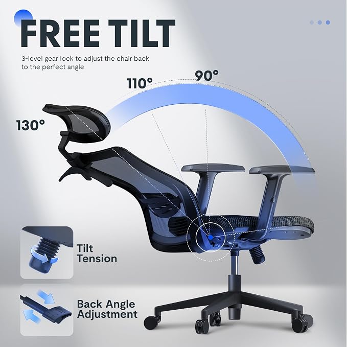 FLEXISPOT Ergonomic Office Chair, High Back Home Office Desk Chairs with Adjustable Lumbar Support, Armrests,90-130° Tilt Lock, Swivel Computer Gaming Chairs for Adults, OC3 Cloud, Black - Image 7