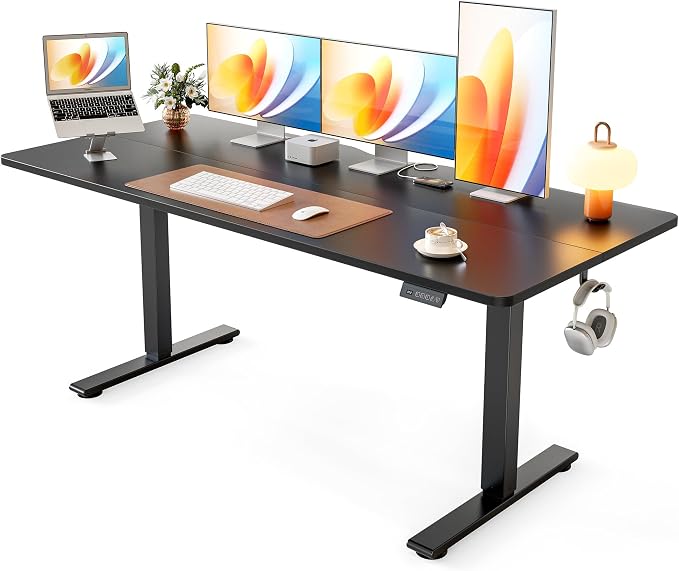 Cubiker Standing Desk, 63x28 Inches Sit Stand Home Office Desk, Electric Stand up Desk, Adjustable Desk with Splice Board, Black Frame/Black Top by CubikerHomeOfficeFurniture