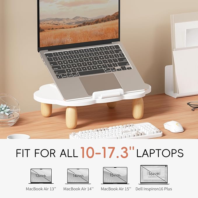 AFOOYO Adjustable Wood Laptop Stand, Ergonomic Height Angles Computer Stand, Cloud-Shaped Holder Riser Notebook Stand for Desk Compatible with Air, Pro, Dell, HP, Lenovo More 10-17.3" Laptops, White - Image 2