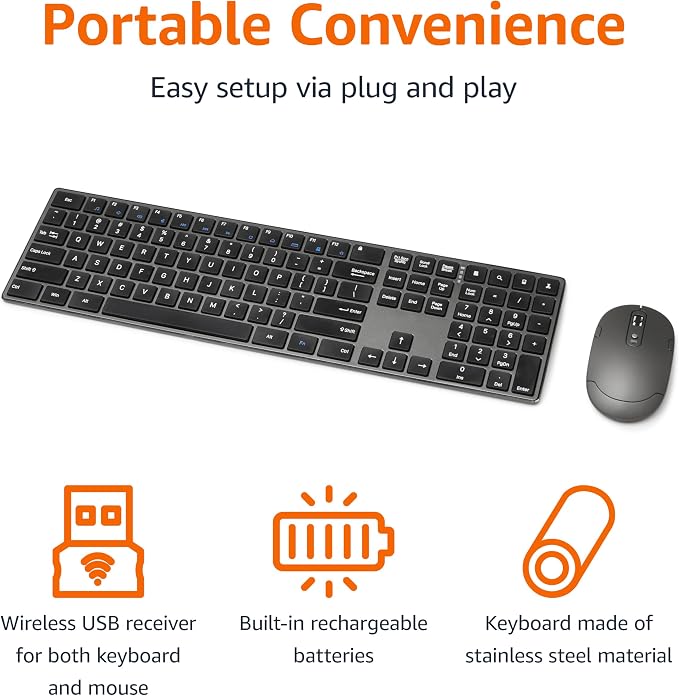 Amazon Basics Ultra Premium Wireless Keyboard and Mouse Combo, Rechargeable, Full-Size with Number Pad, Sleek Design, Plug and Play, Quiet Typing, 2.4GHz USB Receiver, Black - Image 2