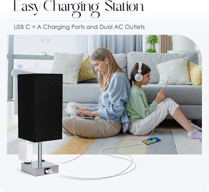 Bedside Lamp with USB Ports - Touch Control Table Lamp for Bedroom with USB C+A Charging Ports & AC Outlets, 3 Way Dimmable Nightstand Light for Living Room (Bulb Included, Black) - Image 6