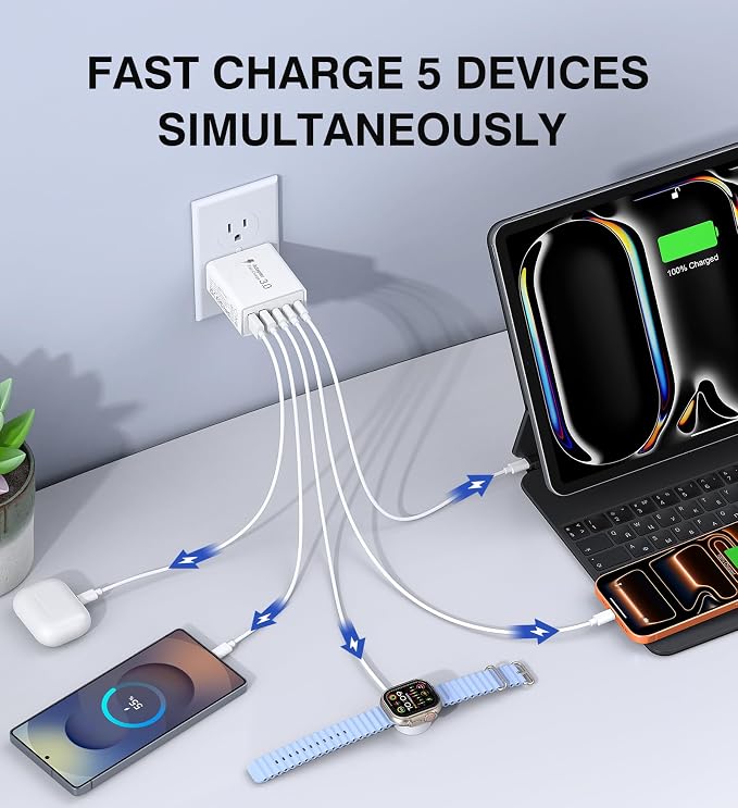 2Pack USB C Fast Charger Block,60W 5-Port USB Wall Charger Brick,2 USB A & 3 USB C PD3.0 Power Adapter Multiport Type C Charging Plug for iPhone 17/16/15/14,Pad Mini/Pro,AirPods 4,GalaxyS25(White) - Image 2