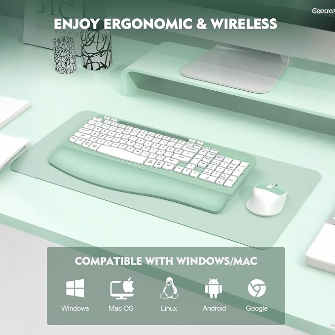 Wireless Keyboard and Mouse Combo, Full-Sized Ergonomic Wave Keys Keyboard with Memory Foam Wrist Rest & Phone Holder, 2.4G Quiet Keyboard Mouse Work Setup for PC Laptop, Office or Home (Mint Green) - Image 8