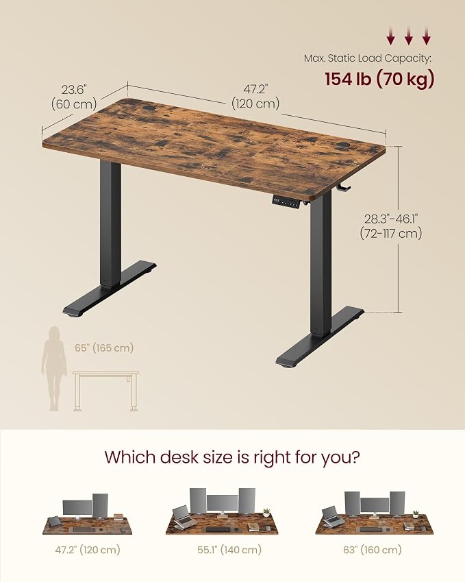 VASAGLE Electric Standing Desk, 47.2 x 23.6 Inches Height Adjustable Desk, Sedentary Reminder, 4 Memory Heights, for Home Office, Rustic Brown ULSD312KD020S - Image 3