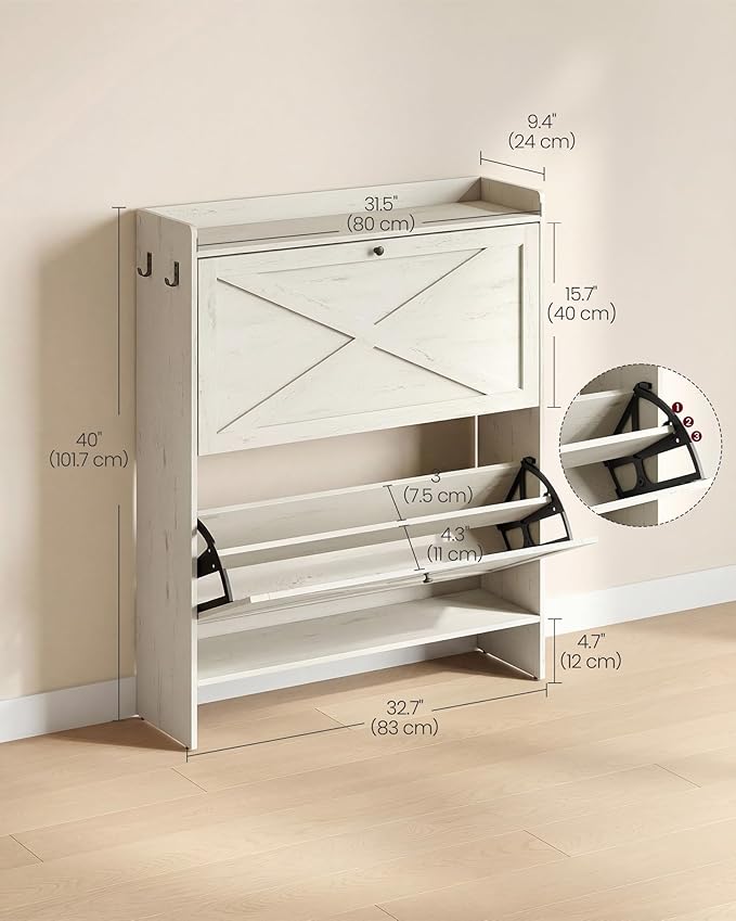 VASAGLE Narrow Shoe Storage Cabinet Organizer with 2 Flip Drawers | Freestanding Shoe Rack, Fits 14 to 16 Pairs, for Entryway, Farmhouse Style, Rustic White, HAINS Collection UHSC203WJ01S - Image 2
