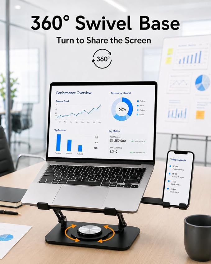 2-in-1 Laptop Stand with Phone Holder, 360° Swivel Laptop Riser for Desk | Fits 10-16 Inch Laptops, Height and Angle Adjustment, Carbon Steel Frame, Silicone Contact Pads, Fold-Flat Storage, 1 Pack - Image 3