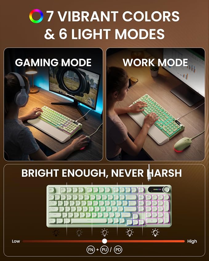 EWEADN Wired Keyboard and Mouse Combo with Detachable Wrist Rest, Quiet Ergonomic Keyboard Mouse Set with Multimedia Knob, RGB Backlit, Double-Shot Keycaps Natural Typing for Laptop, PC - Green - Image 4