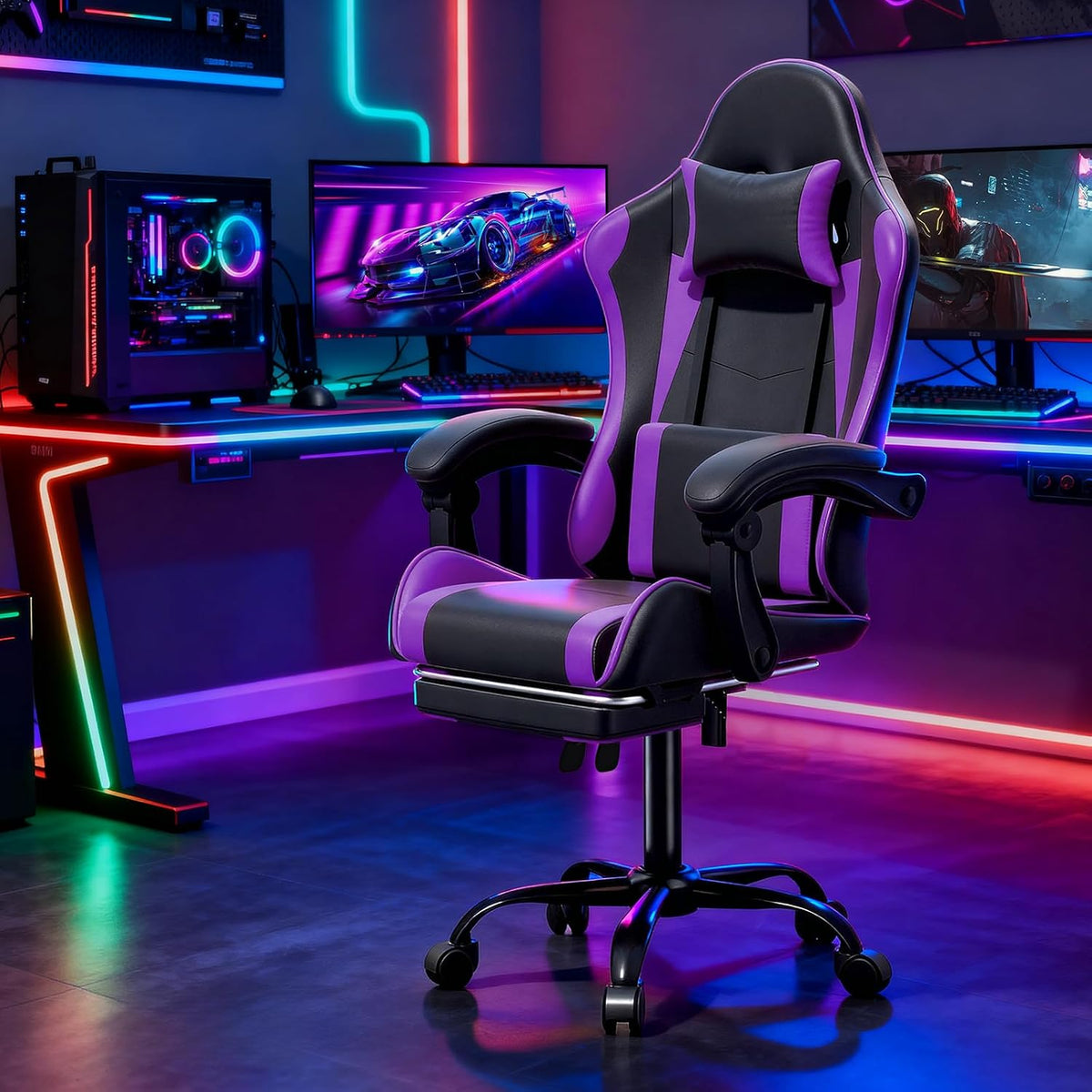 Magshion Video Gaming Computer Chair with Footrest, Purple - Image 2
