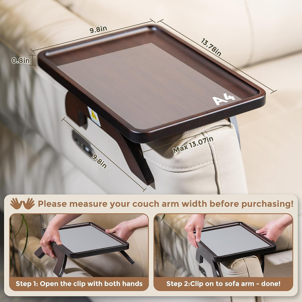 Couch Armrest Table, Foldable Bamboo Sofa Arm Tray for Couch with a Non-Slip Pad, Clip On Couch Arm Table for Remotes/Eatting/Drinks, Fits Sofa Armrest 3.5"-13.5" Brown - Image 2