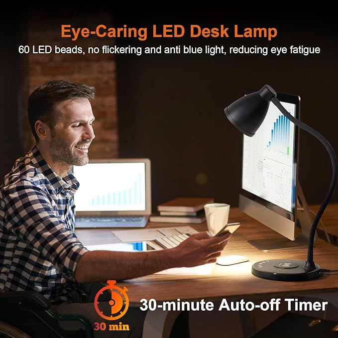 BOHON Desk Lamp for Home Office with USB C+A Charging Ports Timer Black | LED Desk Light with Wireless Charger 5 Colors Stepless Dimming Reading Light Touch Bedside Table Lamp for College Dorm Room - Image 3