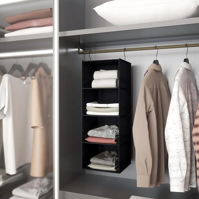 Hanging Closet Organizer 4-Shelf, Oxford Fabric Wardrobe Storage, Black | Easy-mount foldable design holds clothes, handbags, shoes & accessories; washable Oxford fabric, sturdy and space-saving. - Image 9