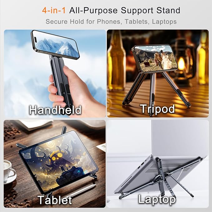 4-in-1 Foldable Laptop Stand, Portable Magnetic Phone Holder | N55 Magnets MagSafe Compatible, Pocket-Sized Tripod Handle for MacBook, iPad, Travel & Vlog, Adjustable Ergonomic View Mount - Image 2