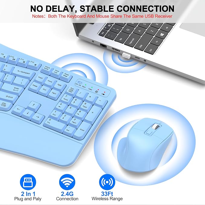 Wireless Keyboard and Mouse Combo, 2.4G Ergonomic Wave Keys(Sky Blue) | Full Size Wave Keyboard with Wrist Rest, 3-Level DPI Adjustable Ergonomic Mouse for Windows and Mac OS Desktop/Laptop/PC - Image 5