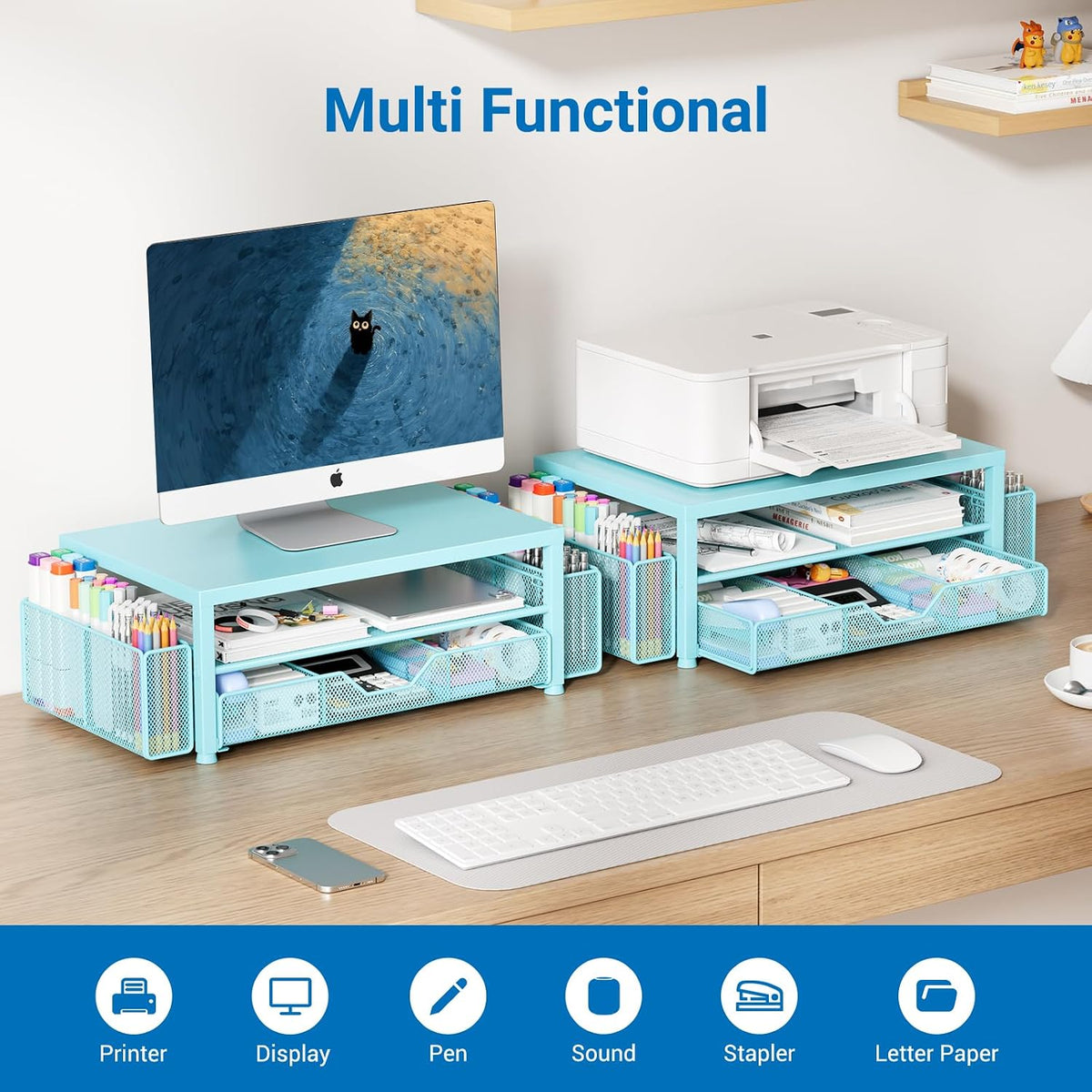 Desk Organizer, Monitor Stand Riser with Drawer and 2 Pen Holders - Image 4